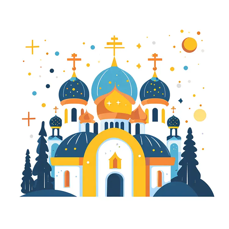 Blue and Gold Church with Domes and Trees