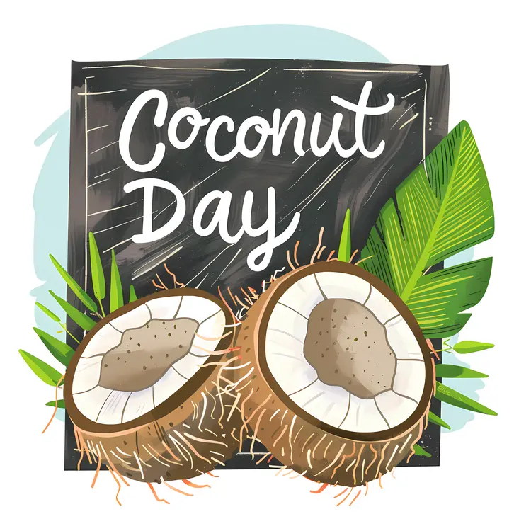 Coconut Day Celebration Sign with Green Leaves