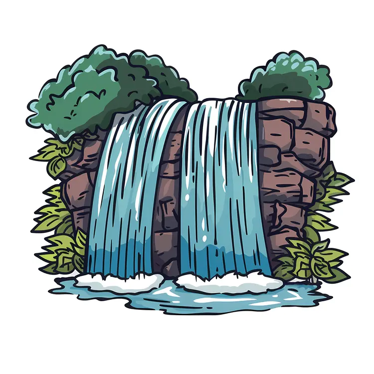 Cartoon Waterfall with Lush Greenery
