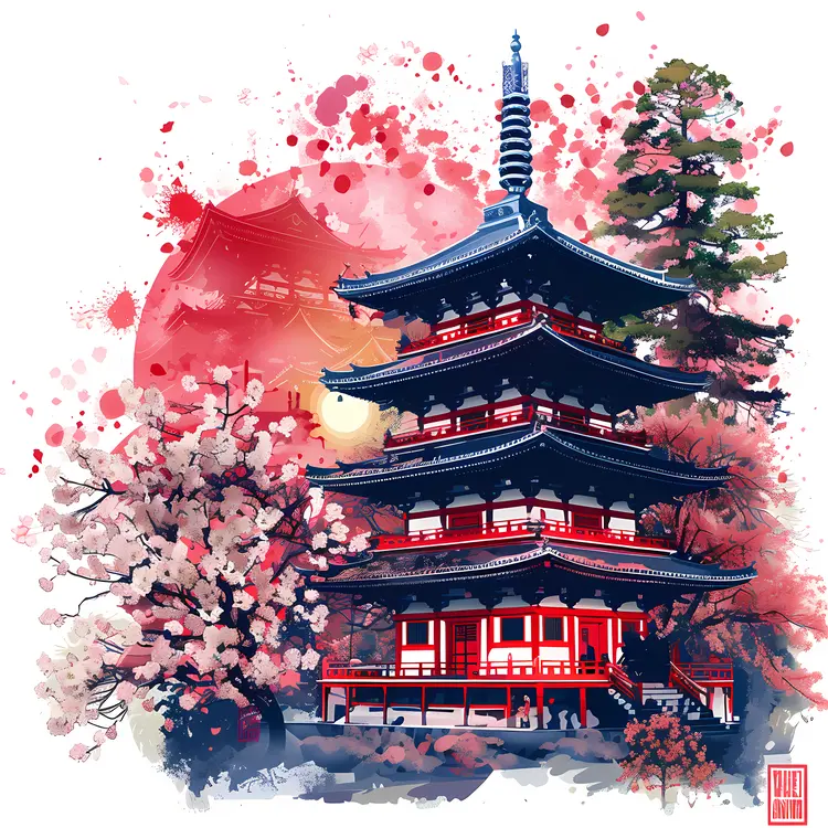Traditional Japanese Pagoda with Cherry Blossoms