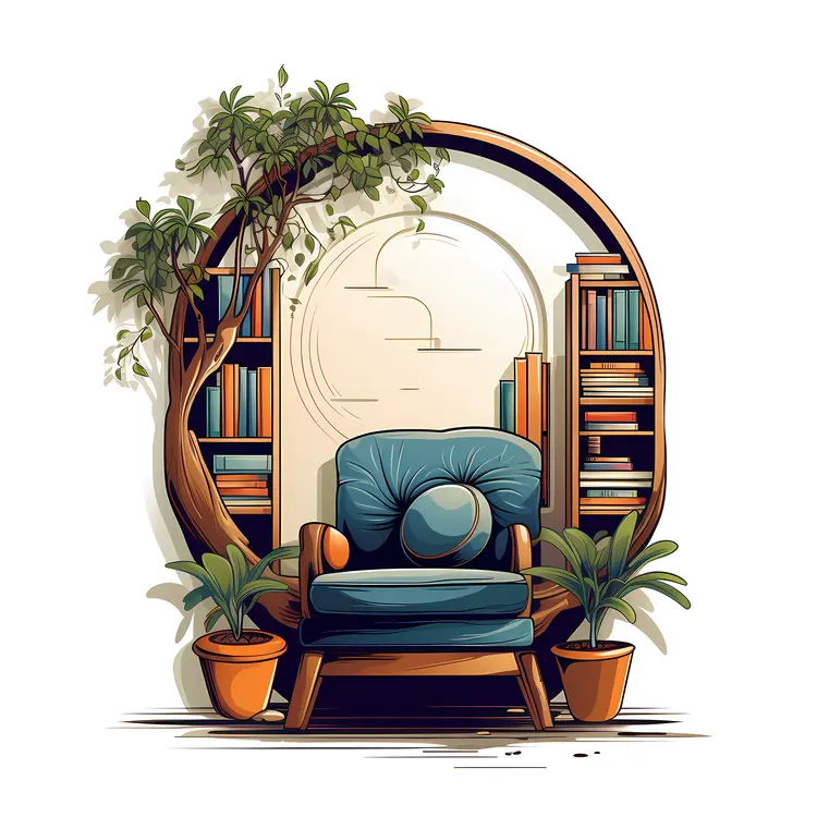 Elegant Green Armchair with Bookshelf and Plants