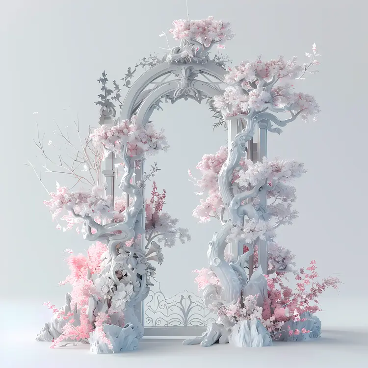 Ornate Decorative Gate with Pink Blossoms