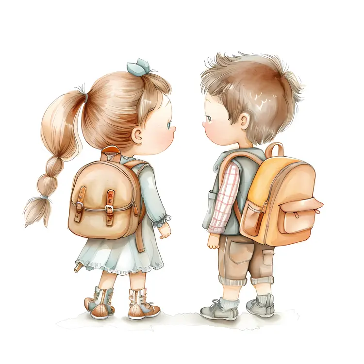 Cute Kids with Backpacks Facing Each Other