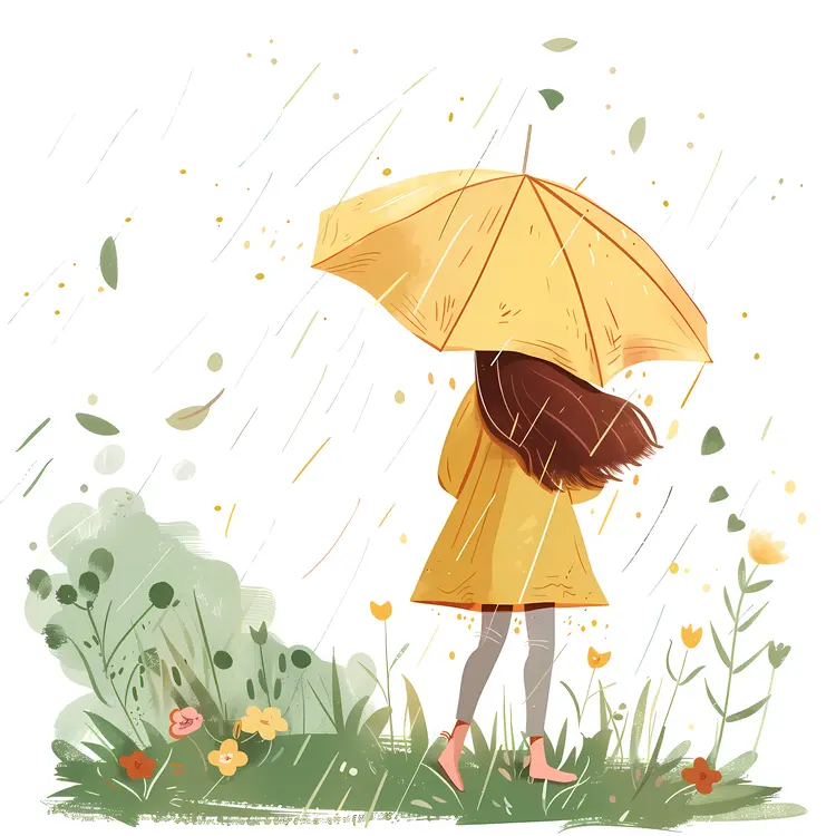 Girl with Yellow Umbrella in the Rain