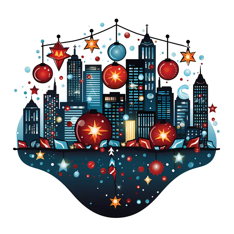 Festive Cityscape with Ornaments