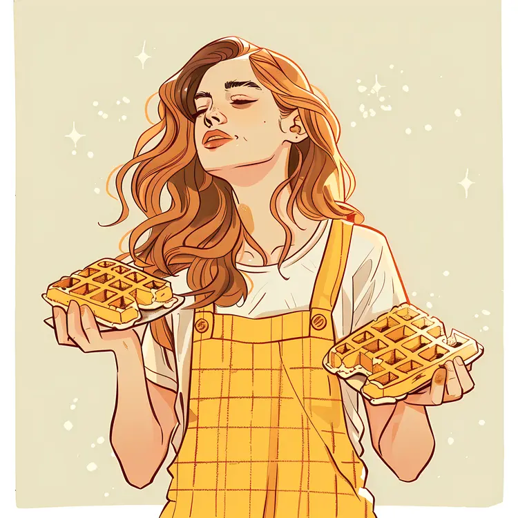 Girl Enjoying Waffles in Yellow Overalls