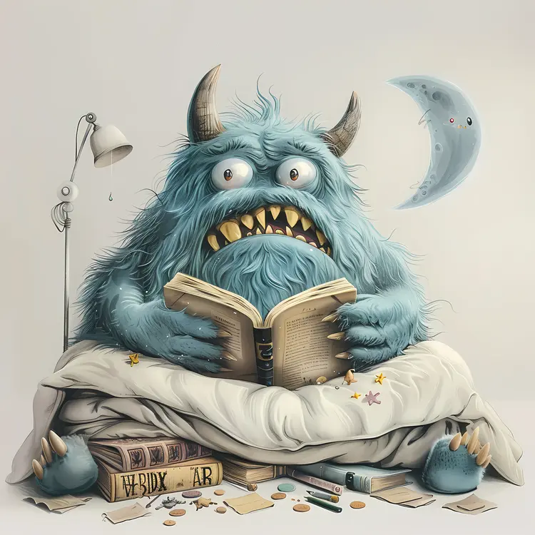 Blue Monster Reading a Book at Night