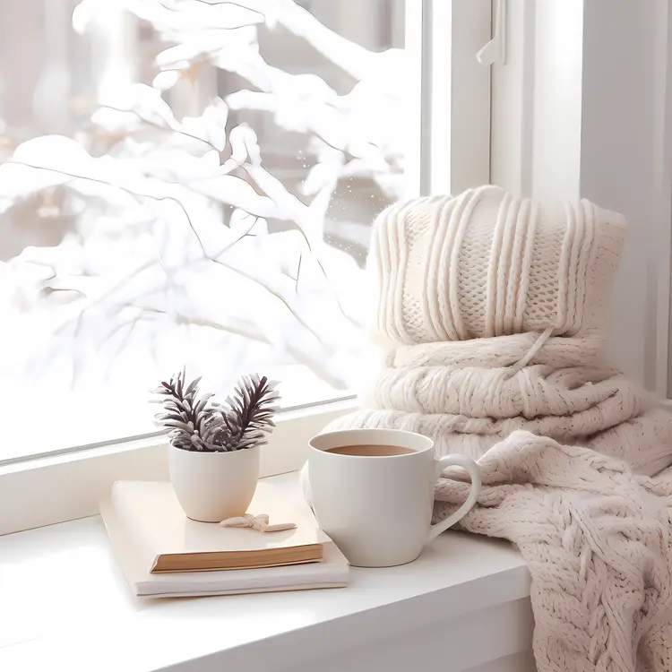 White Mug with Blanket and Book by Snowy Window