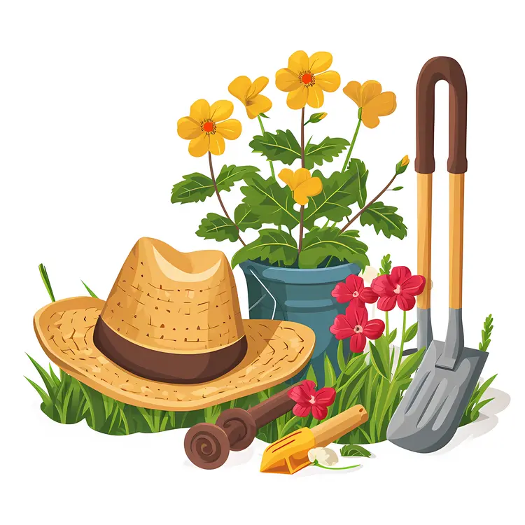 Gardening Tools and Hat with Yellow Flowers