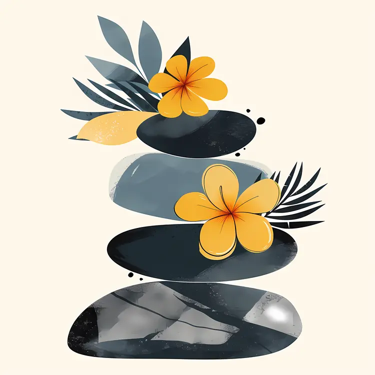 Zen Stacked Stones with Yellow Flowers