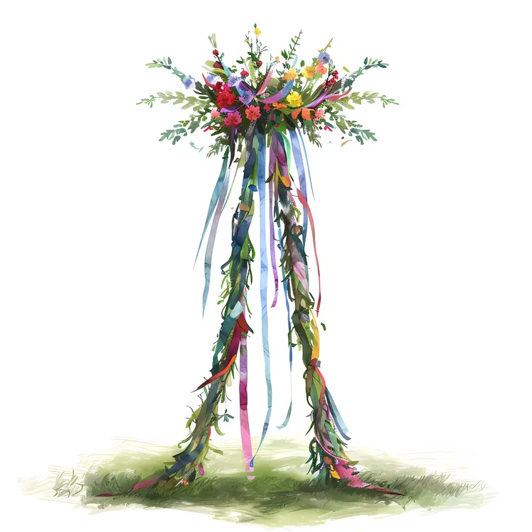 Colorful Ribbons on Decorative Pole for May Day Celebration