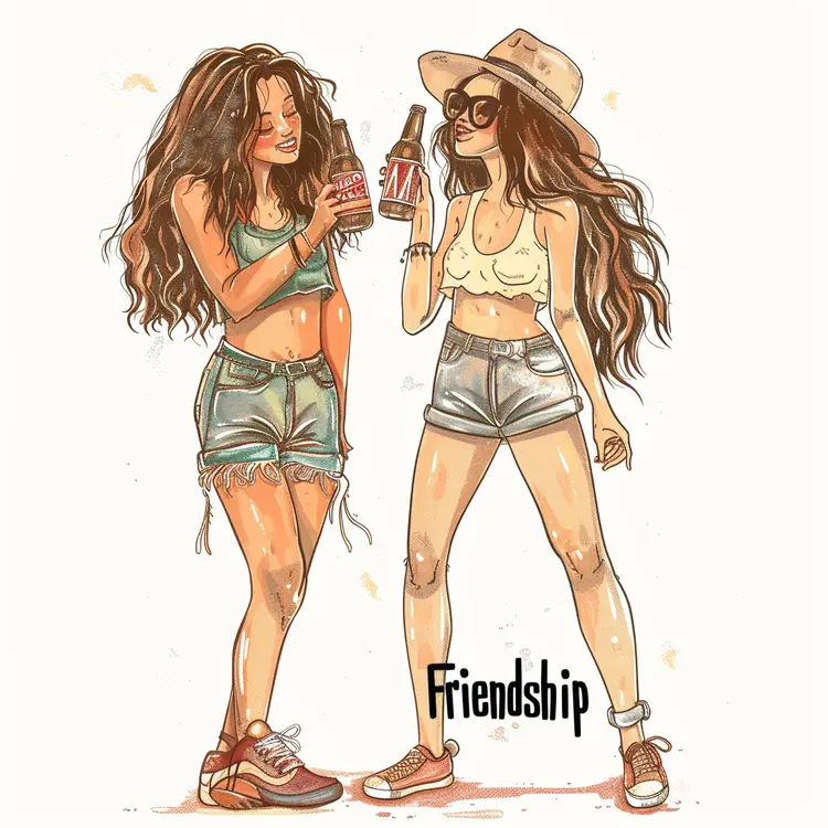 Illustration of Two Girls with Drinks