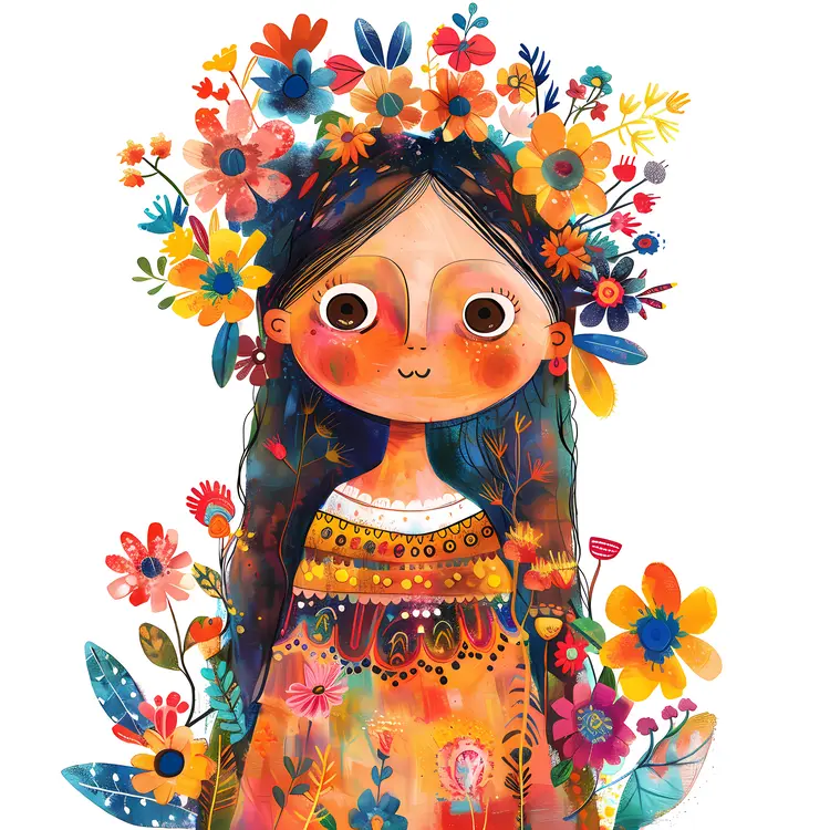 Cute Girl with Colorful Flowers Illustration