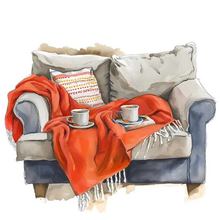 Couch with Cups, Blanket, and Pillows