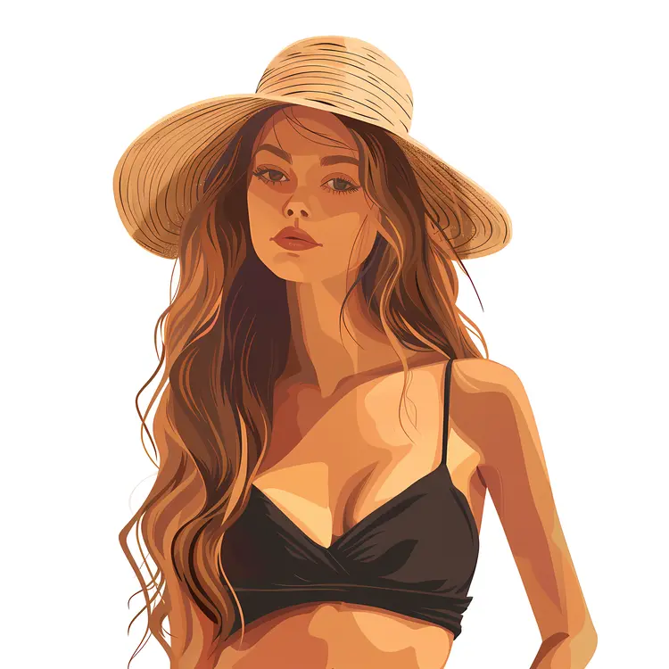 Stylish Woman in Black Bikini and Hat