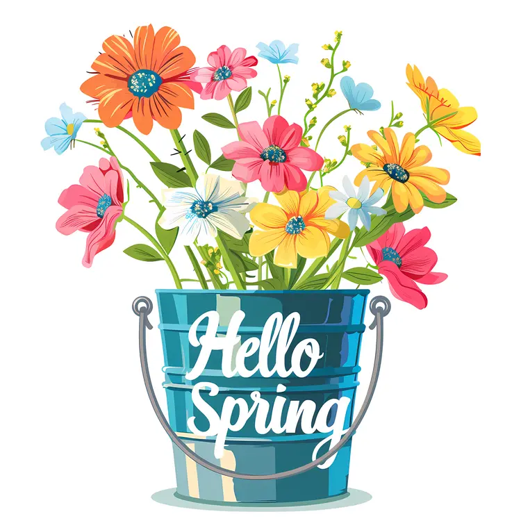 Spring Flowers in a Blue Bucket