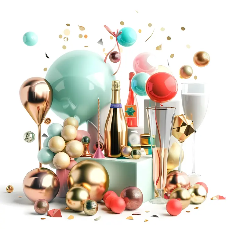 Champagne Bottle and Glasses with Balloons
