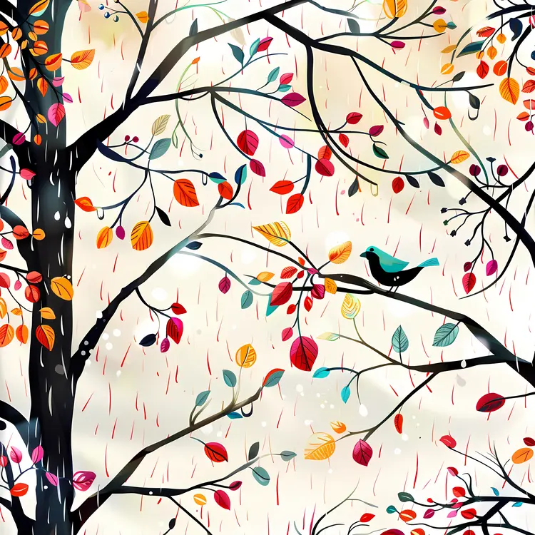 Colorful Tree with Bird on Branch