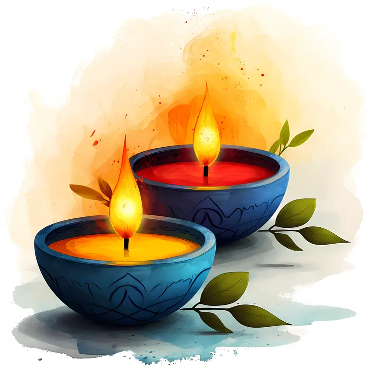 Two Lit Candles in Blue Holders