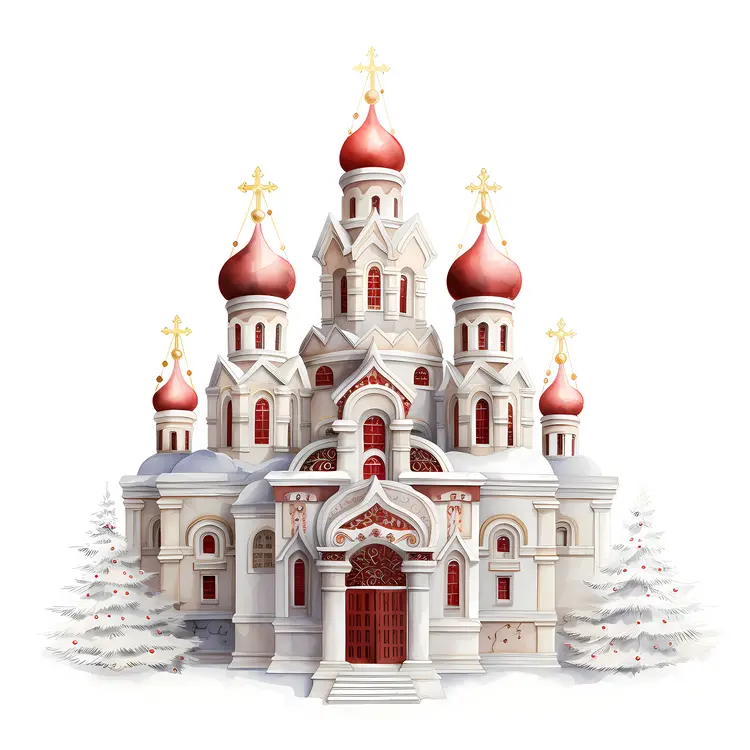 Snowy Church with Red Domes