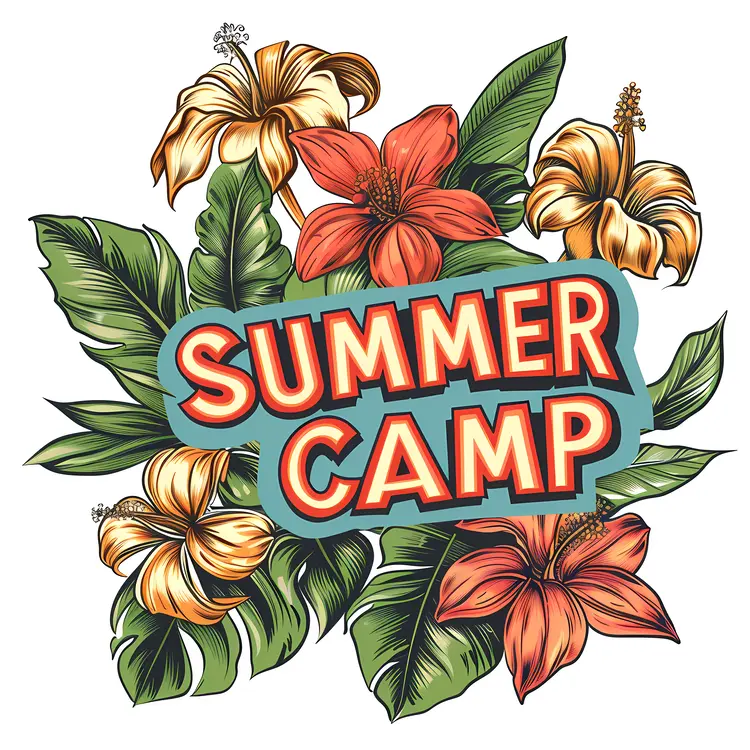 Tropical Flowers and Leaves with Summer Camp Text