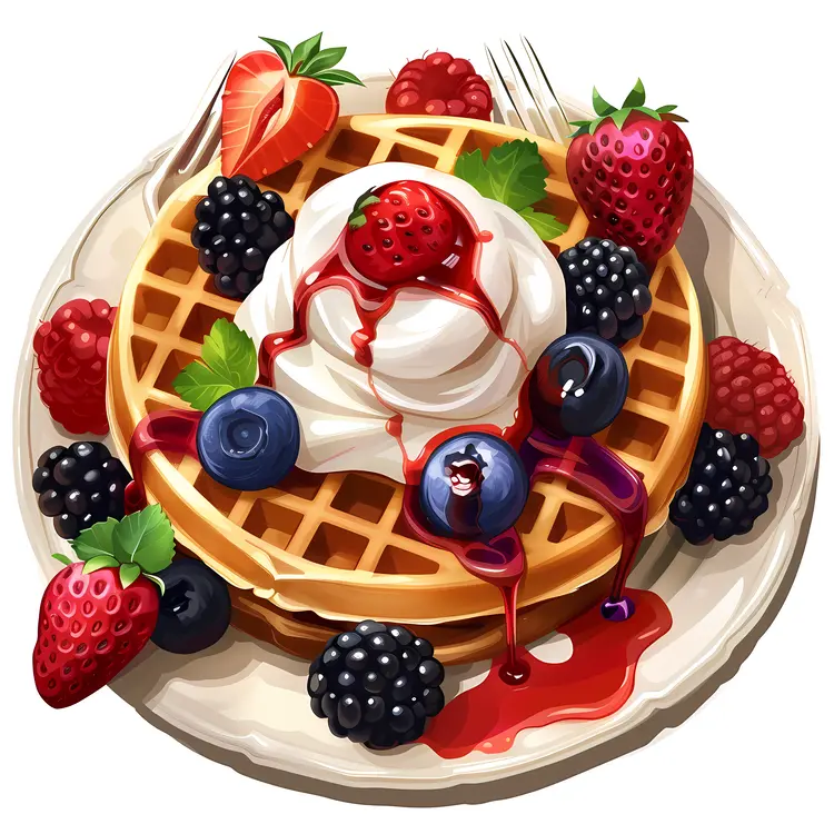 Delicious Waffle with Fresh Berries and Cream