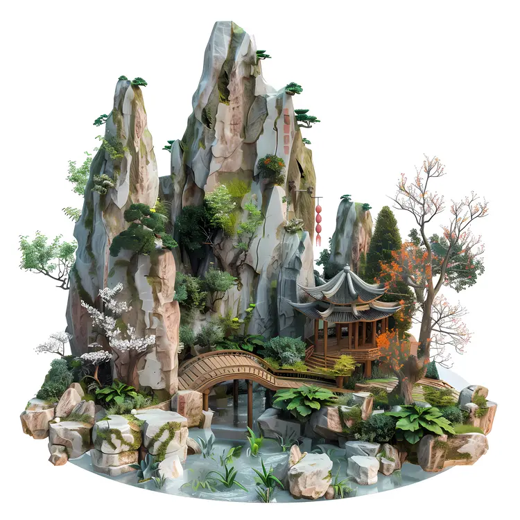 Miniature Mountain Landscape with Bridge and Temple