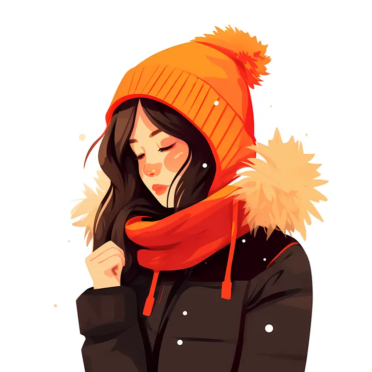 Girl in Orange Hat and Scarf in Winter Clothing