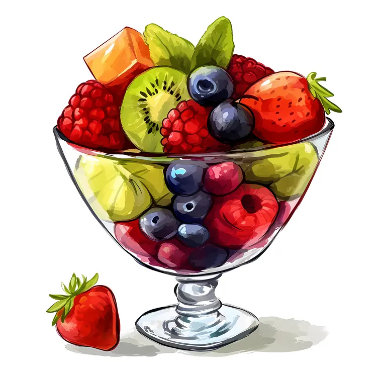 Illustration of a Fresh Fruit Salad in a Glass Bowl