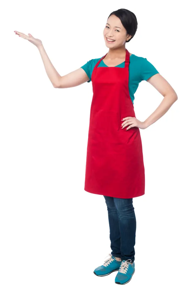 Smiling Woman in Red Apron