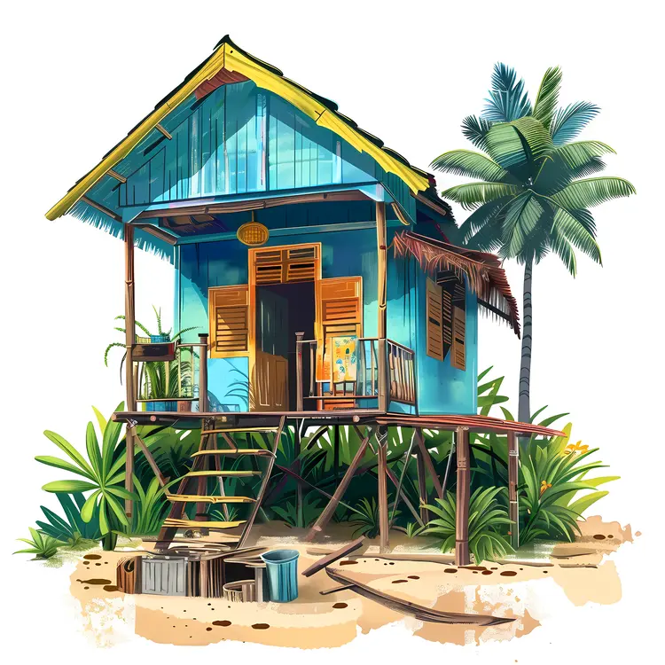 Wooden Stilt House with Palm Tree