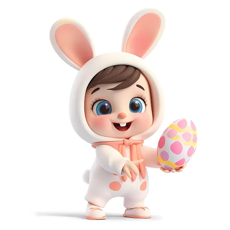 Adorable Baby in White Bunny Costume with an Egg