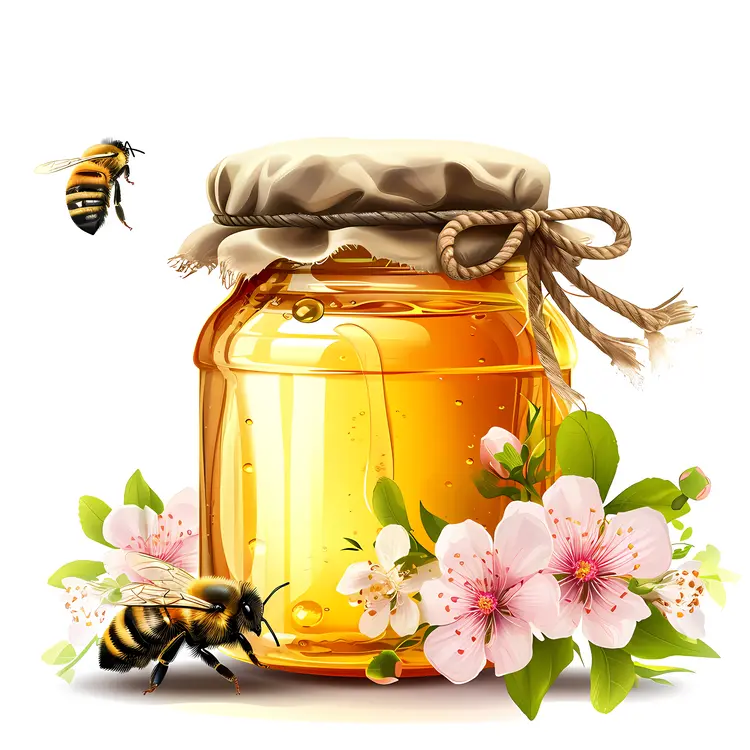 Honey Jar with Bee and Flowers