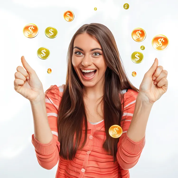 Excited Woman with Thumbs Up and Coins