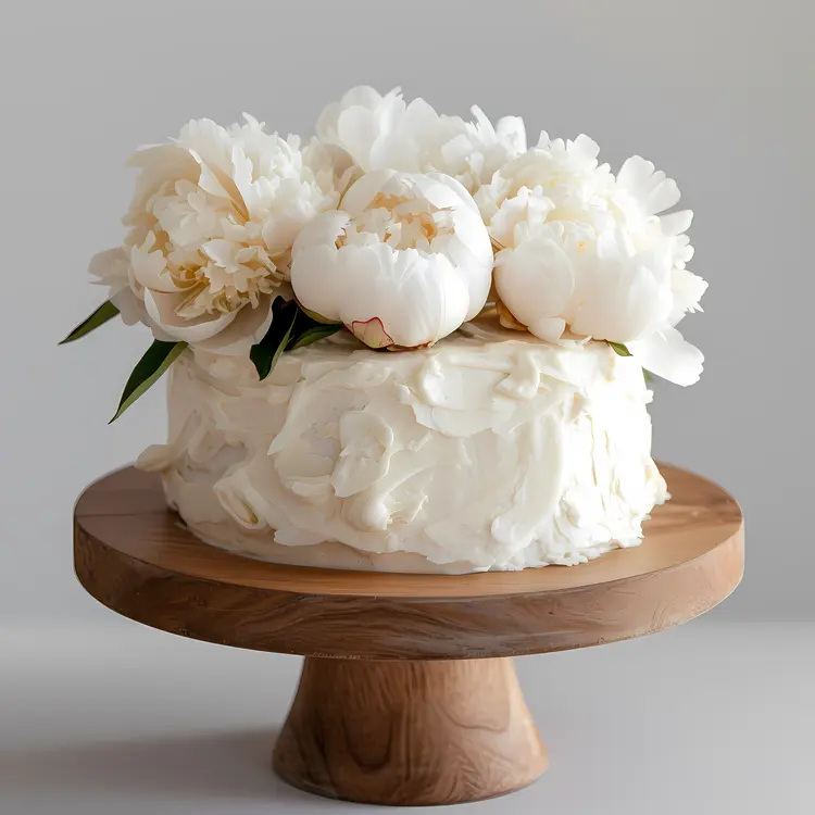 White Flower Cake on Wooden Stand