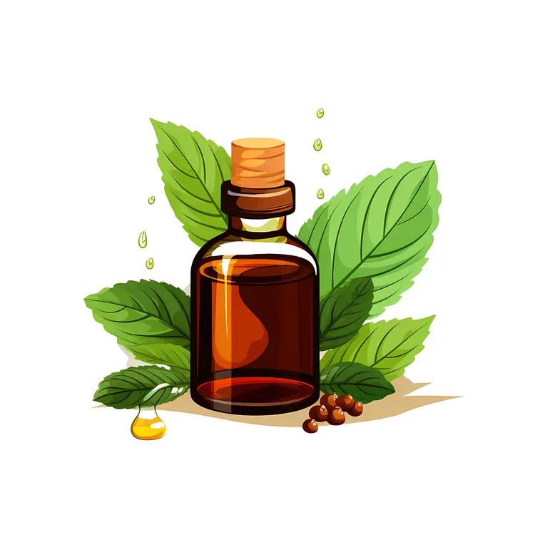 Essential Oil Bottle with Leaves and Herbs