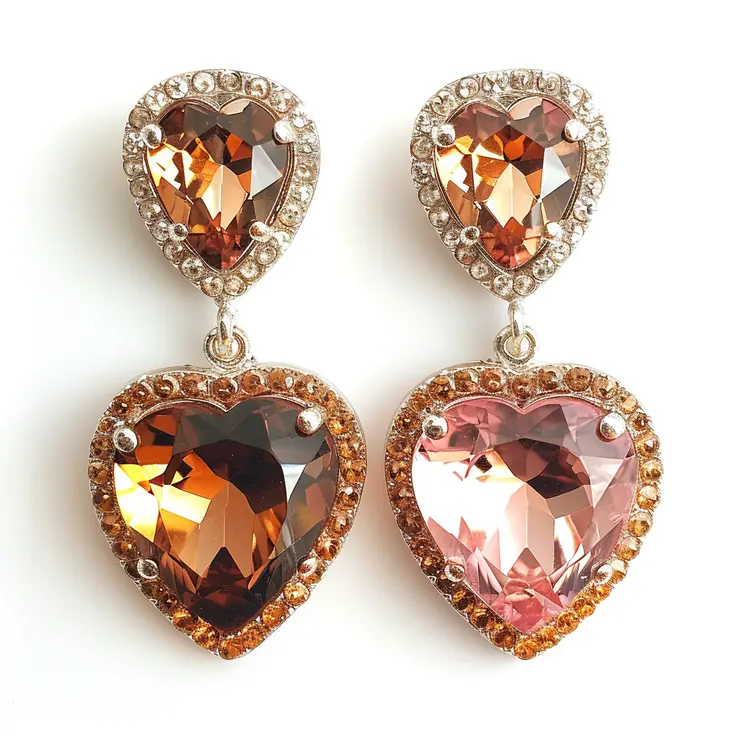 Elegant Heart Earrings in Pink and Amber