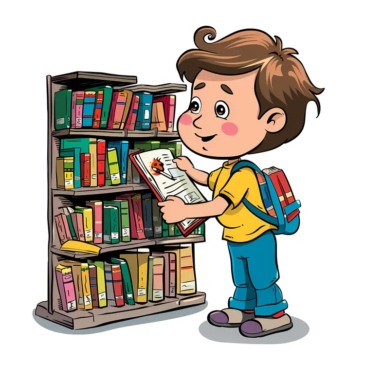 Boy Reading Book in Library