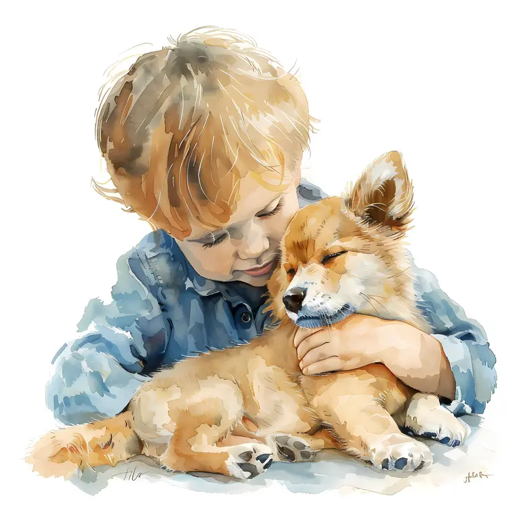 Watercolor Boy Hugging Dog Illustration