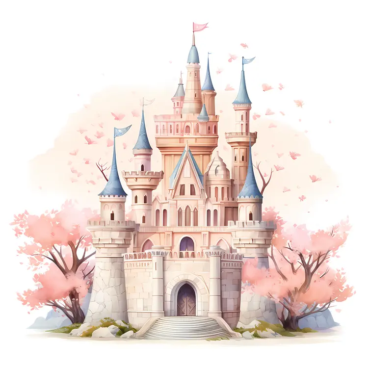 White Fantasy Castle with Turrets and Flags