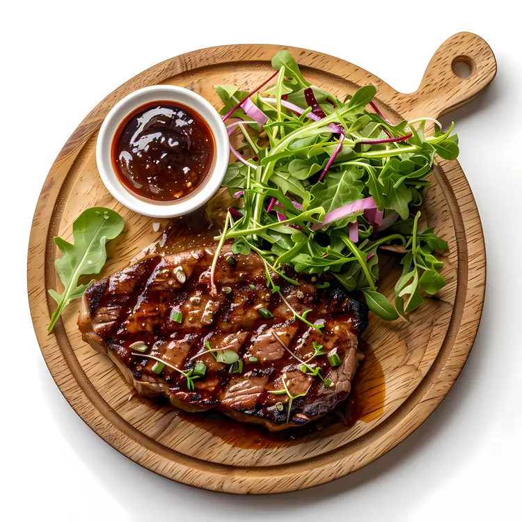 Grilled Steak with Fresh Greens on Wooden Plate