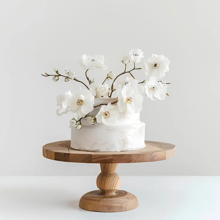 Artistic White Flower Cake on Wooden Stand