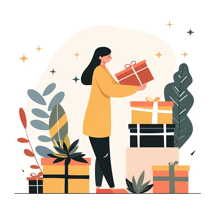 Woman Standing with Stacked Gift Boxes and Plants
