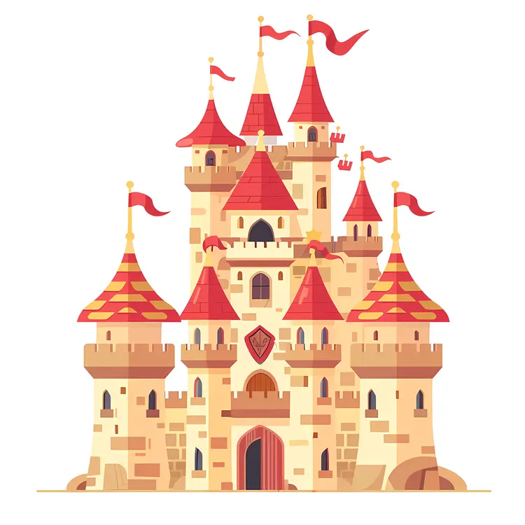 Red Roofed Fantasy Castle with Flags