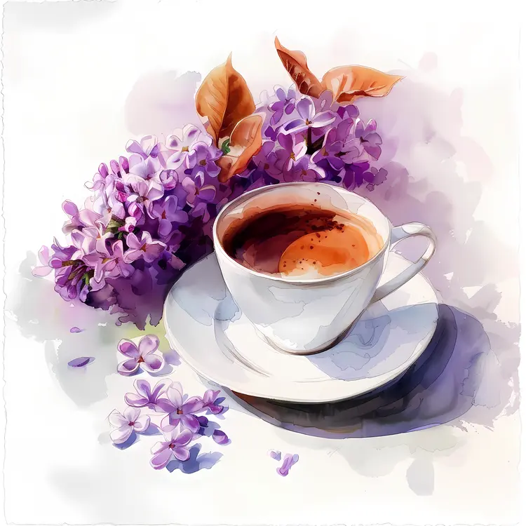 Lilac Flowers with Coffee Cup
