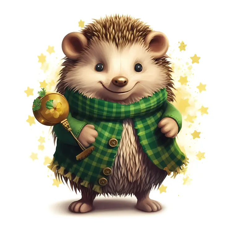 Cute Hedgehog with Green Scarf and Staff