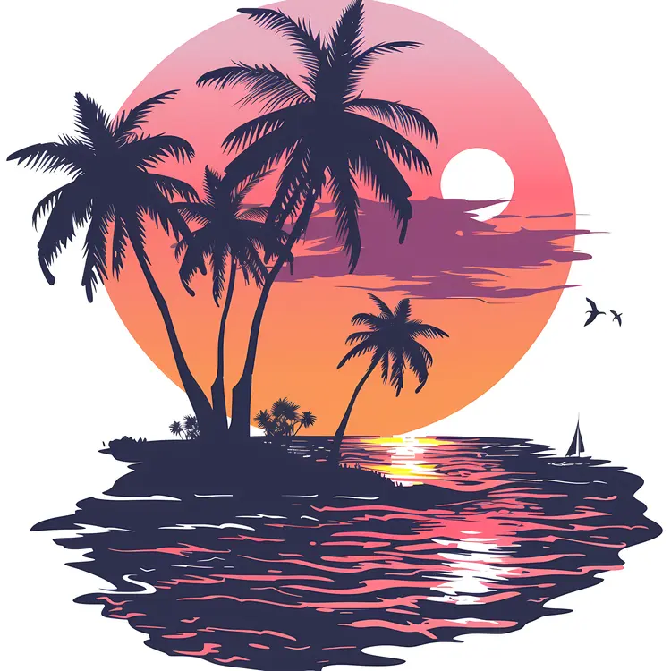 Sunset Beach with Palm Trees and Sailboat