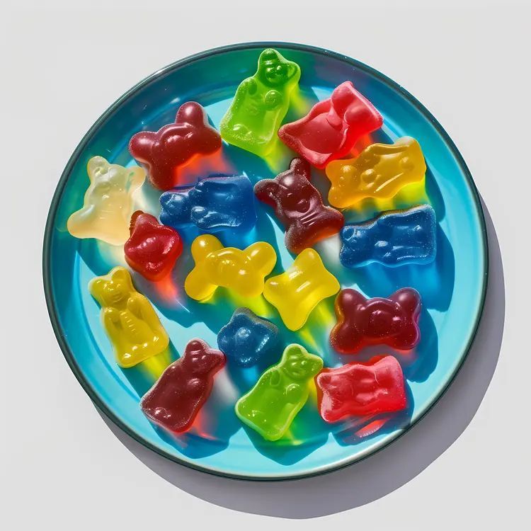 Colorful Gummy Bears on Blue Plate