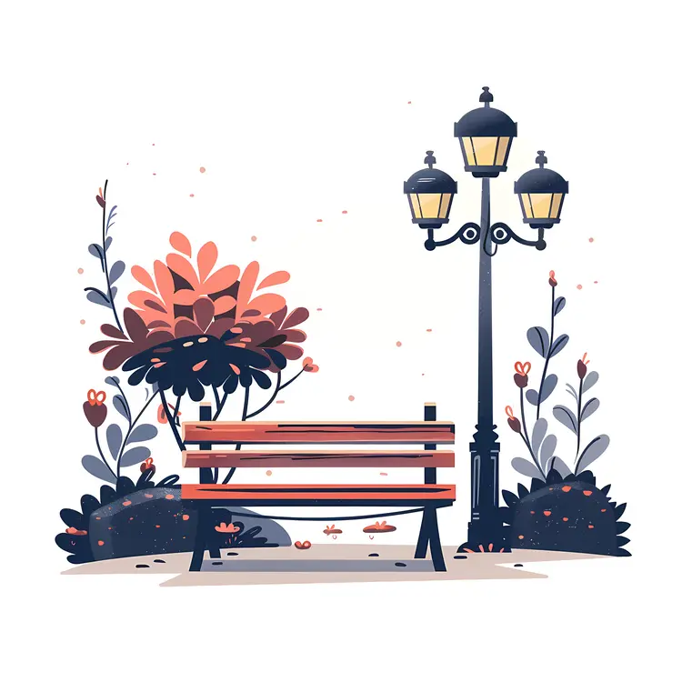 Park Bench with Lamp Post and Bushes