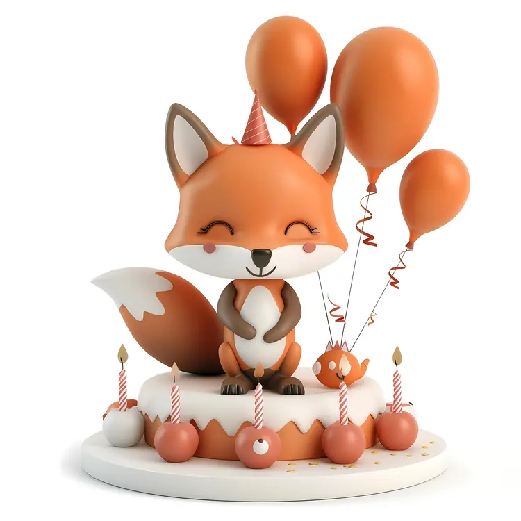 Cute fox with balloons and cake